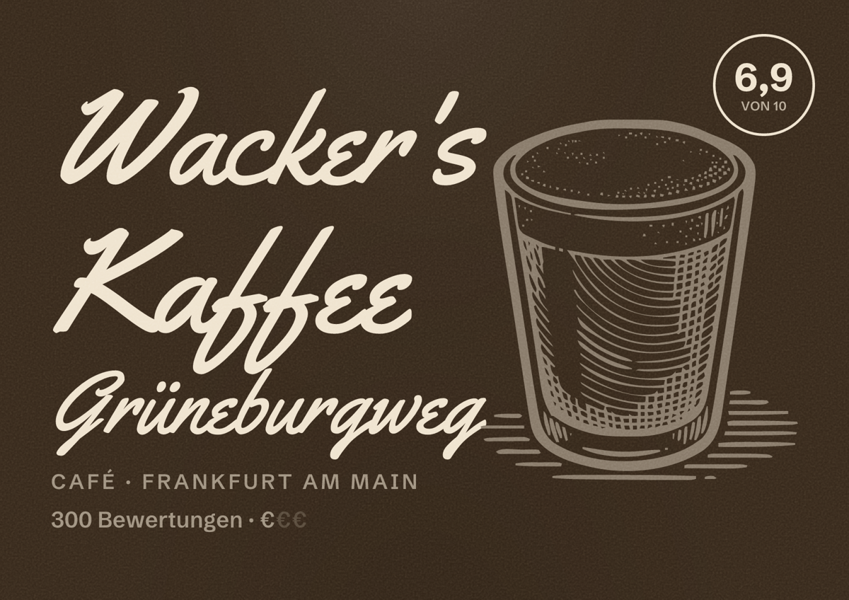 Illustriertes Poster von Wacker's Kaffee Grüneburgweg, Café in Frankfurt am Main: Bewertung 6,9 von 10 aus 300 Bewertungen, Preisniveau €