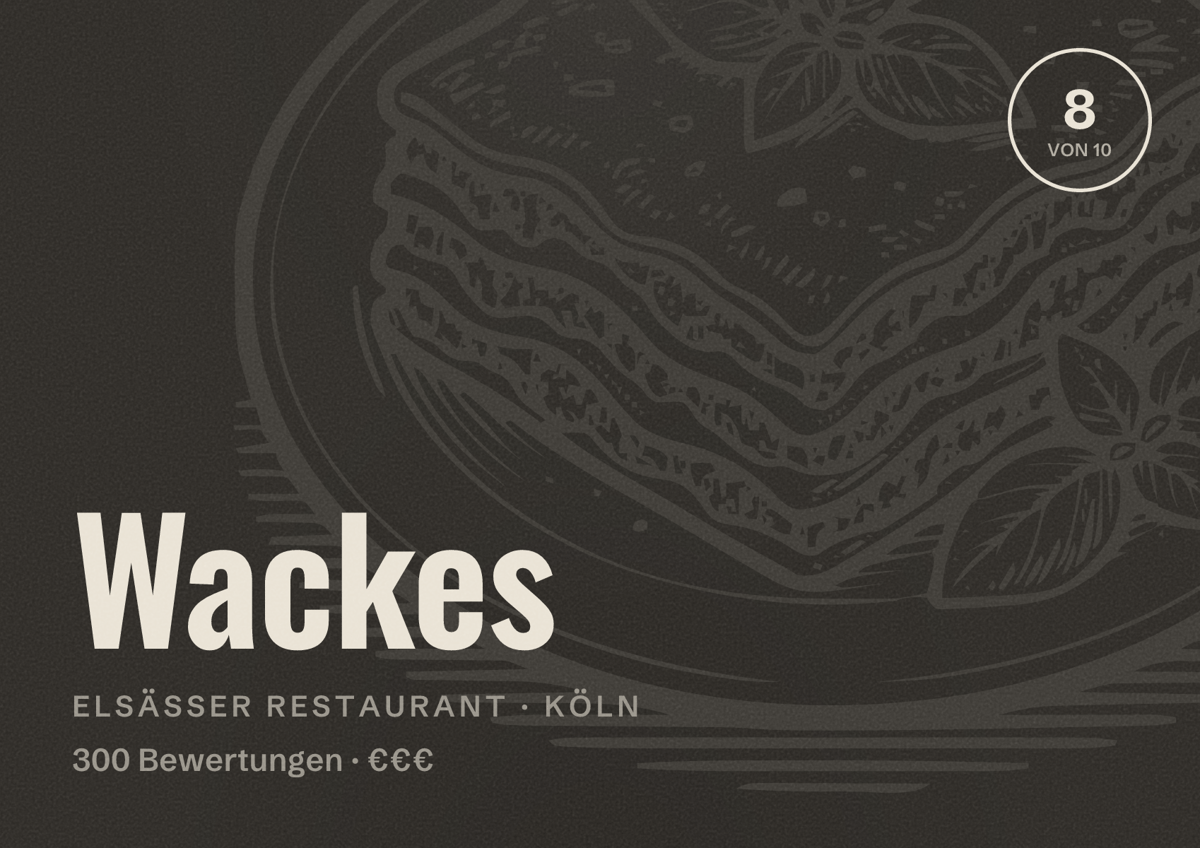 Illustriertes Poster von Wackes, Elsässer Restaurant in Köln: Bewertung 8,0 von 10 aus 300 Bewertungen, Preisniveau €€€