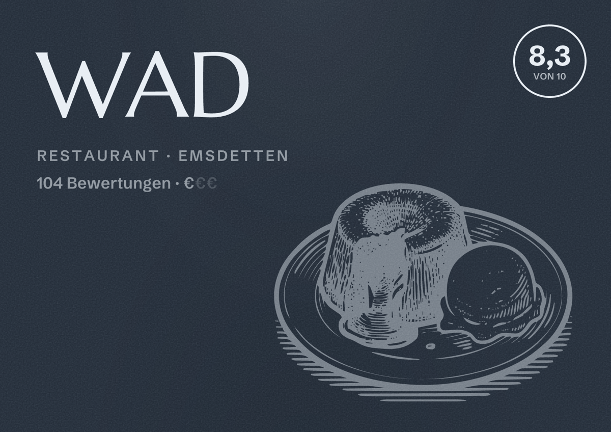 Illustriertes Poster von WAD, Restaurant in Emsdetten: Bewertung 8,3 von 10 aus 104 Bewertungen, Preisniveau €