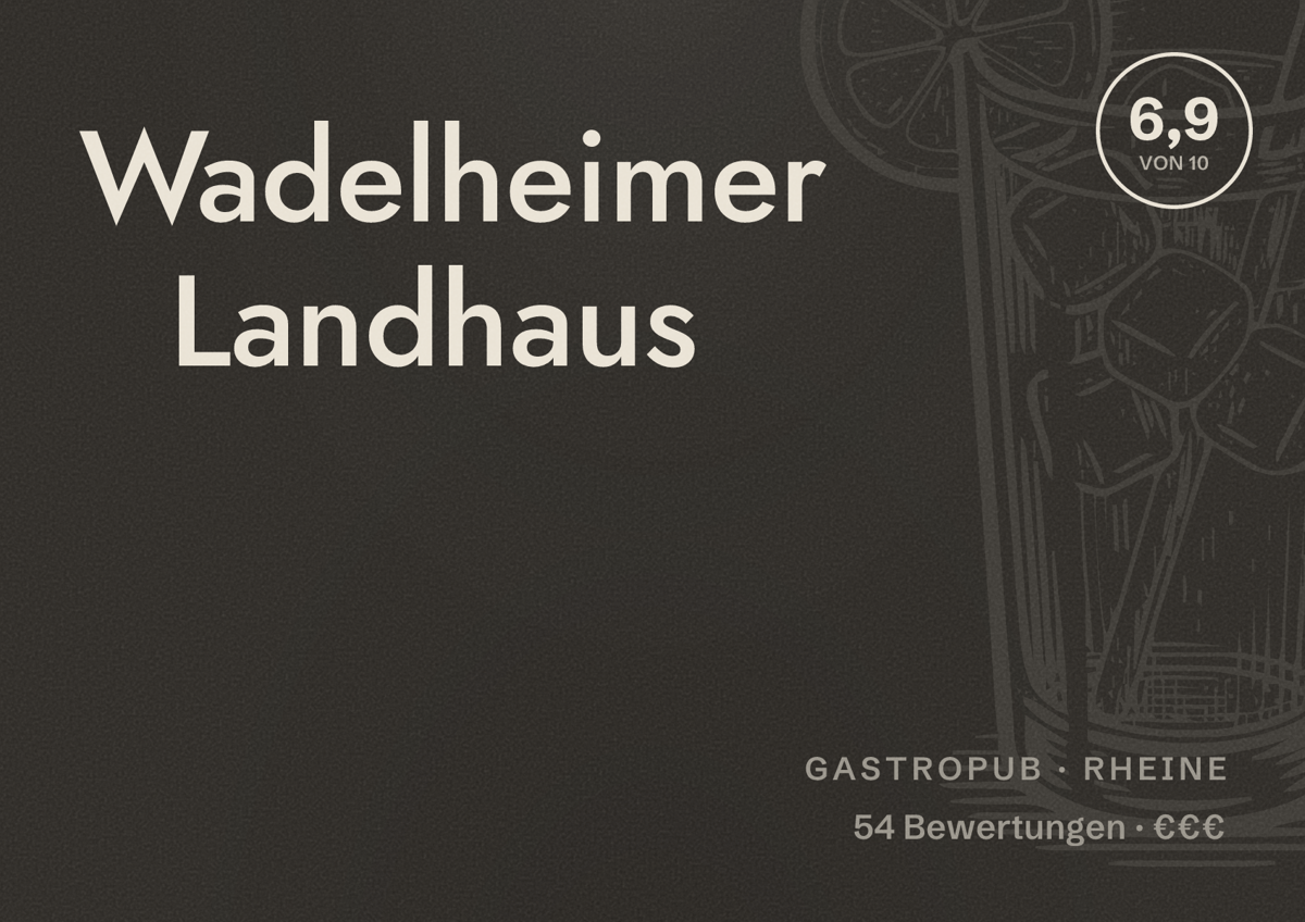 Illustriertes Poster von Wadelheimer Landhaus, Gastropub in Rheine: Bewertung 6,9 von 10 aus 54 Bewertungen, Preisniveau €€€