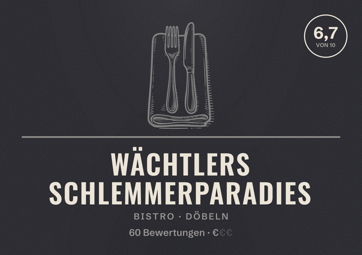 Illustriertes Poster von Wächtlers Schlemmerparadies, Bistro in Döbeln: Bewertung 6,7 von 10 aus 60 Bewertungen, Preisniveau €