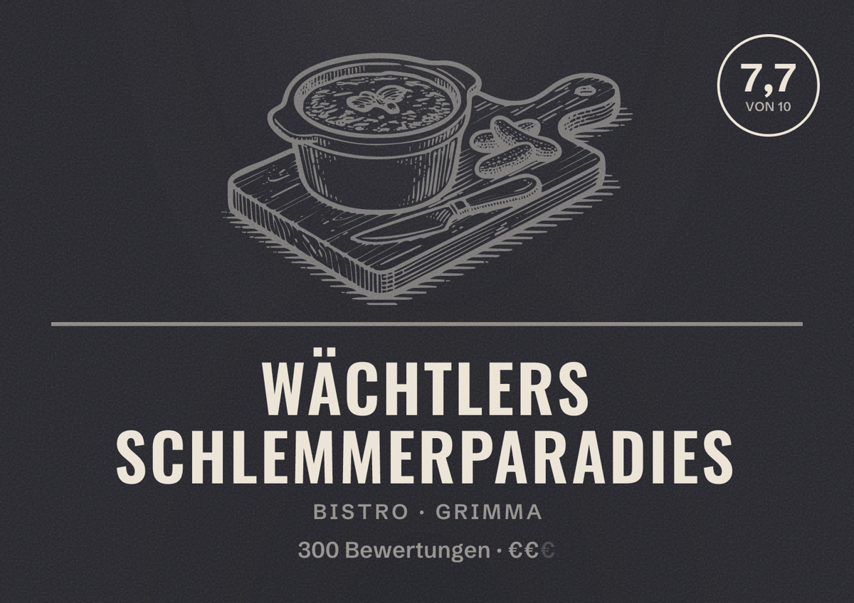 Illustriertes Poster von Wächtlers Schlemmerparadies, Bistro in Grimma: Bewertung 7,7 von 10 aus 300 Bewertungen, Preisniveau €€