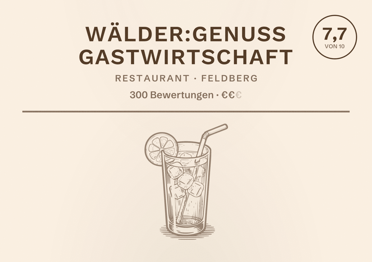Illustriertes Poster von WÄLDER:Genuss Gastwirtschaft, Restaurant in Feldberg: Bewertung 7,7 von 10 aus 300 Bewertungen, Preisniveau €€