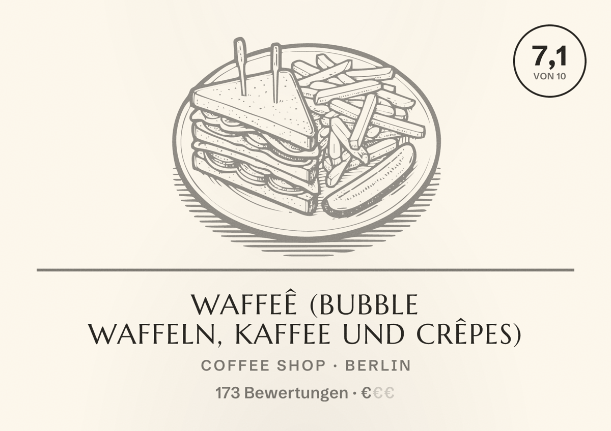 Illustriertes Poster von Waffeê (Bubble Waffeln, Kaffee Und Crêpes), Coffee Shop in Berlin: Bewertung 7,1 von 10 aus 173 Bewertungen, Preisniveau €