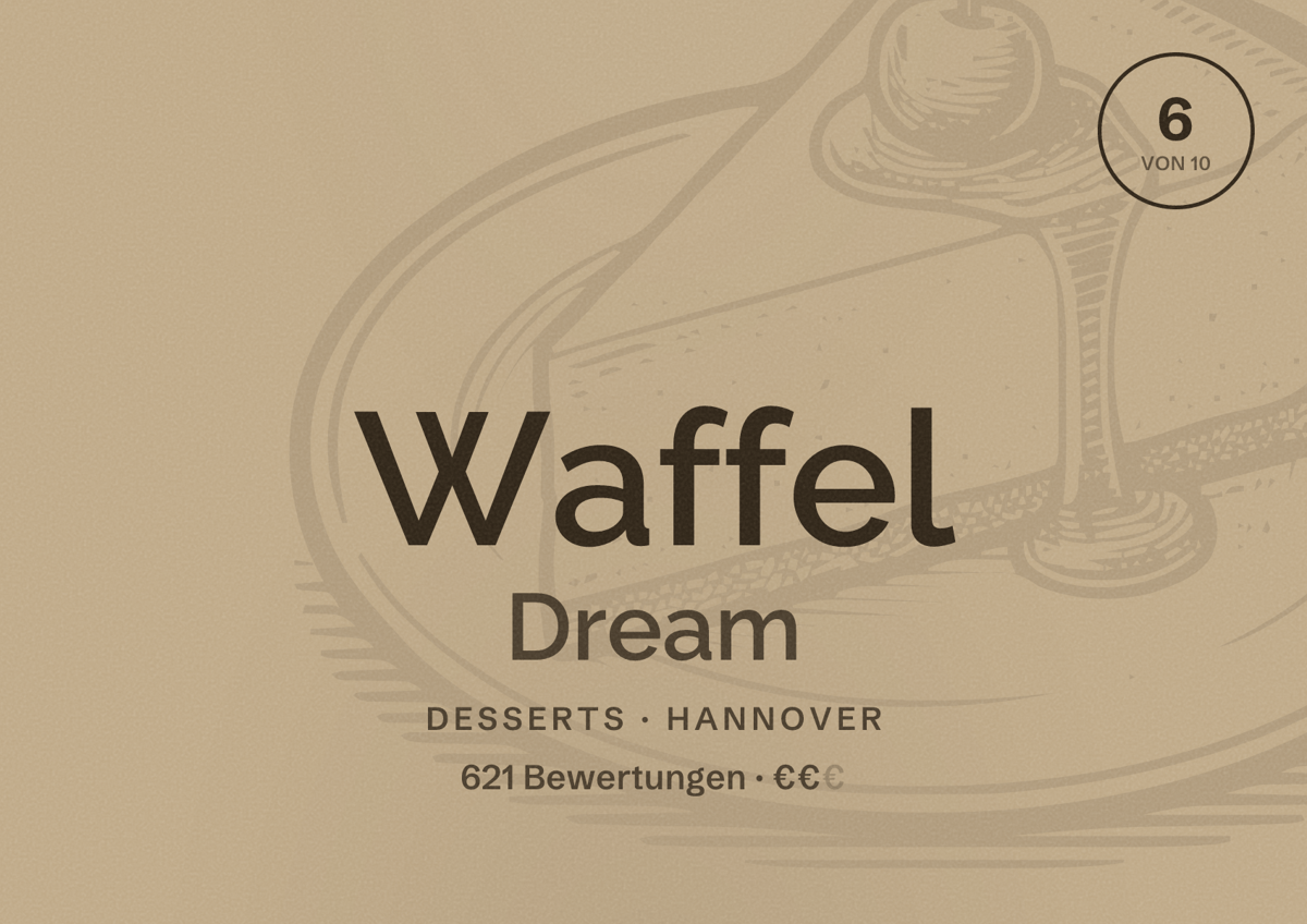 Illustriertes Poster von Waffel Dream, Desserts in Hannover: Bewertung 6,0 von 10 aus 621 Bewertungen, Preisniveau €€