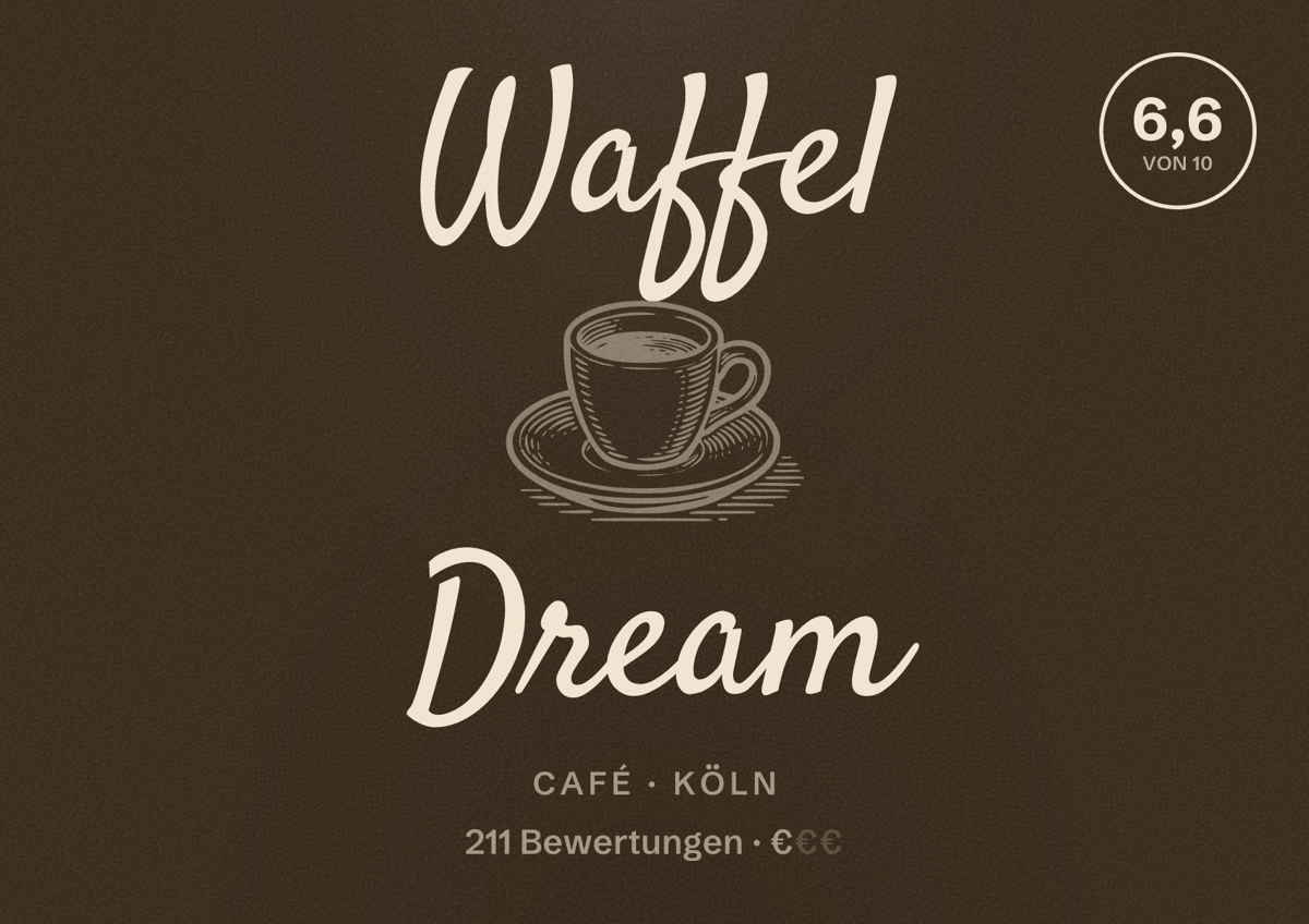 Illustriertes Poster von Waffel Dream, Café in Köln: Bewertung 6,6 von 10 aus 211 Bewertungen, Preisniveau €
