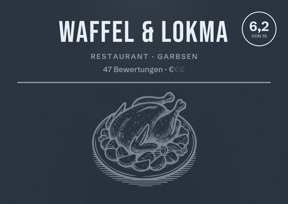 Illustriertes Poster von Waffel & Lokma, Restaurant in Garbsen: Bewertung 6,2 von 10 aus 47 Bewertungen, Preisniveau €