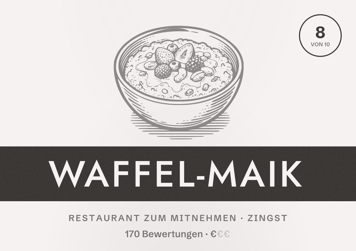 Illustriertes Poster von Waffel-Maik, Restaurant zum Mitnehmen in Zingst: Bewertung 8 von 10 aus 170 Bewertungen, Preisniveau €