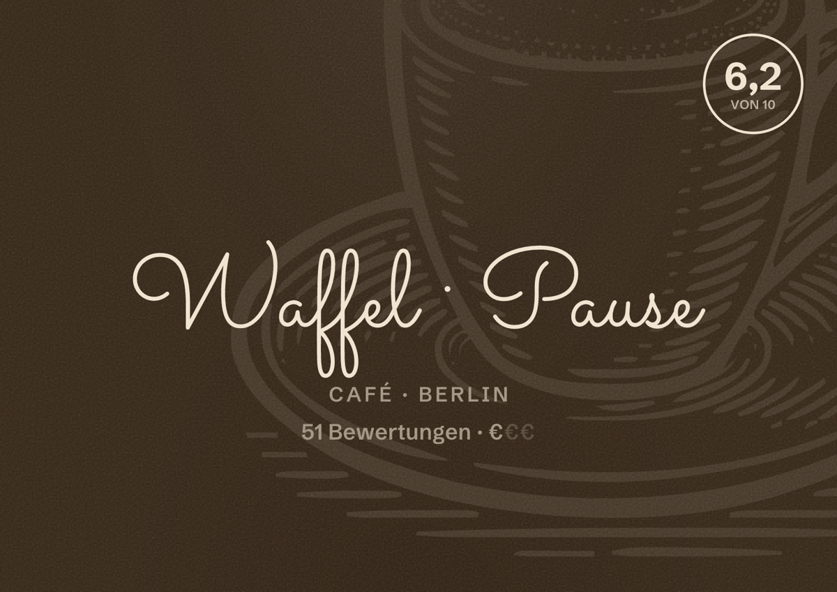 Illustriertes Poster von Waffel Pause, Café in Berlin: Bewertung 6,2 von 10 aus 51 Bewertungen, Preisniveau €