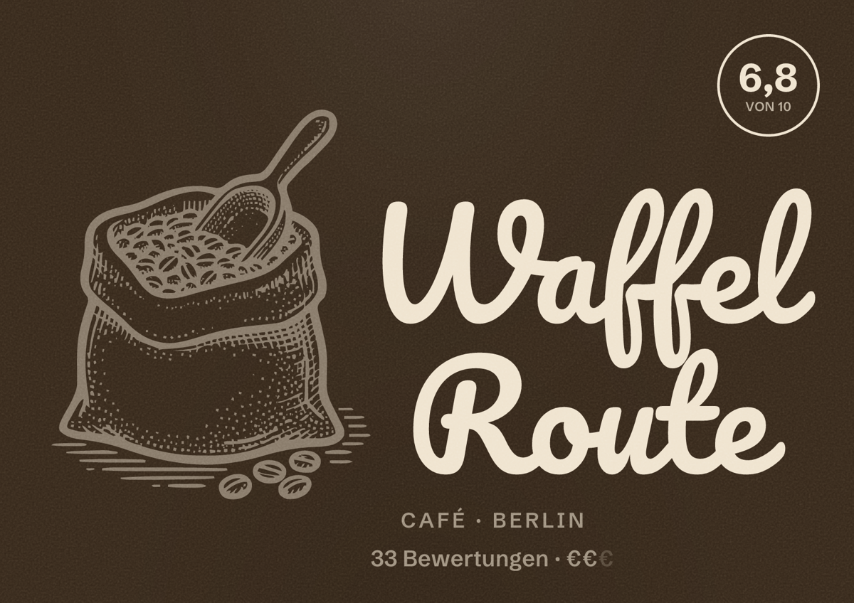 Illustriertes Poster von Waffel Route, Café in Berlin: Bewertung 6,8 von 10 aus 33 Bewertungen, Preisniveau €€