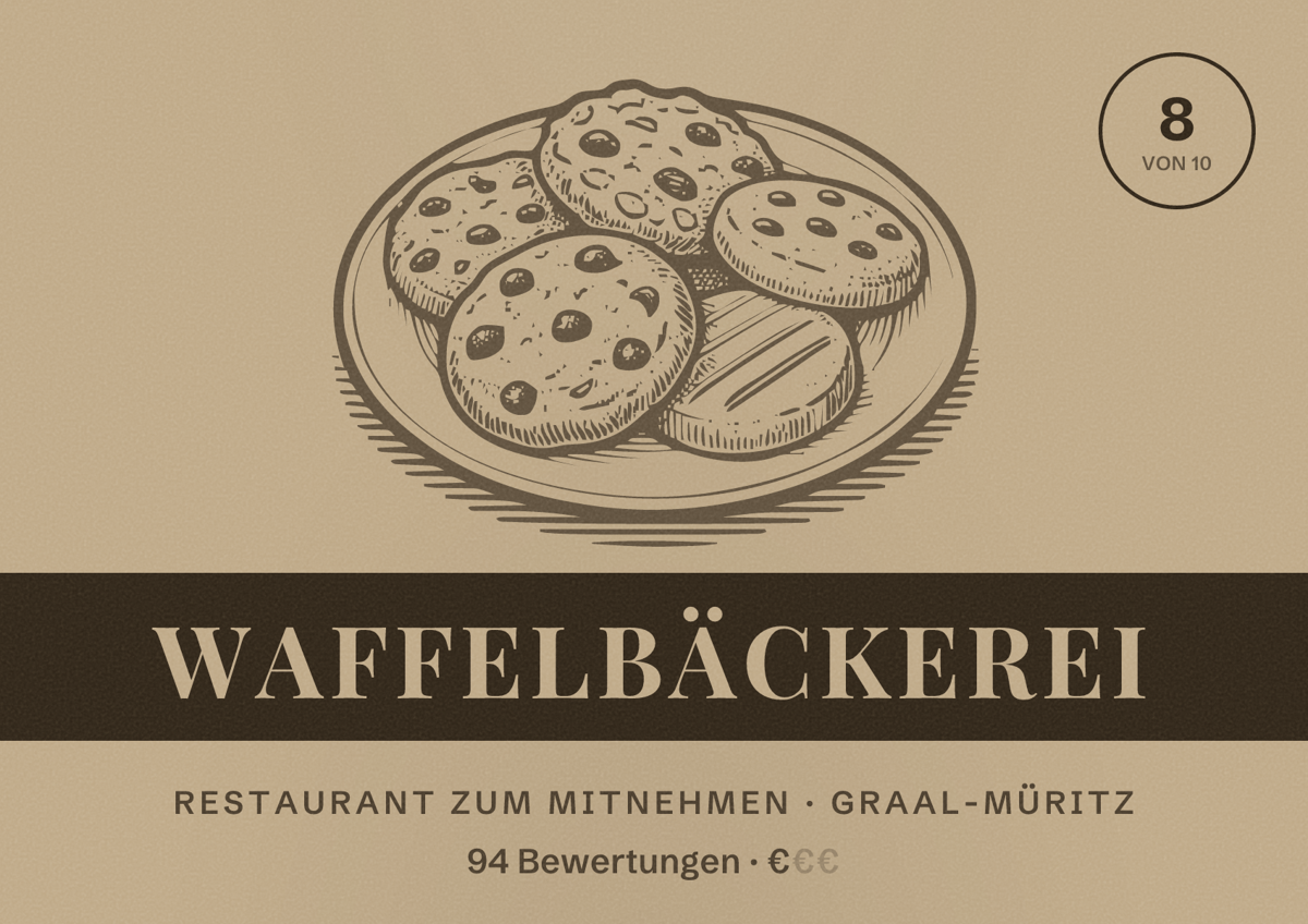Illustriertes Poster von Waffelbäckerei, Restaurant zum Mitnehmen in Graal-Müritz: Bewertung 8 von 10 aus 94 Bewertungen, Preisniveau €
