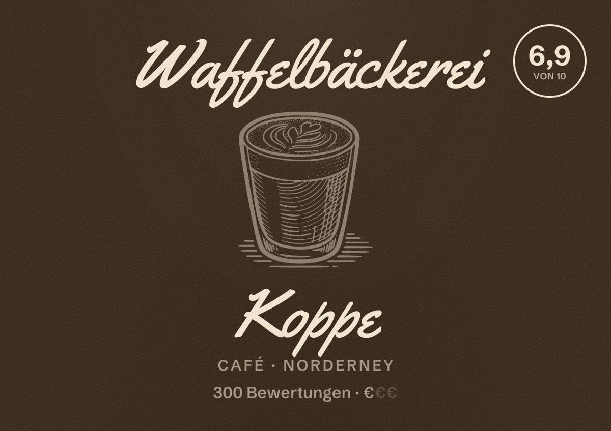 Illustriertes Poster von Waffelbäckerei Koppe, Café in Norderney: Bewertung 6,9 von 10 aus 300 Bewertungen, Preisniveau €