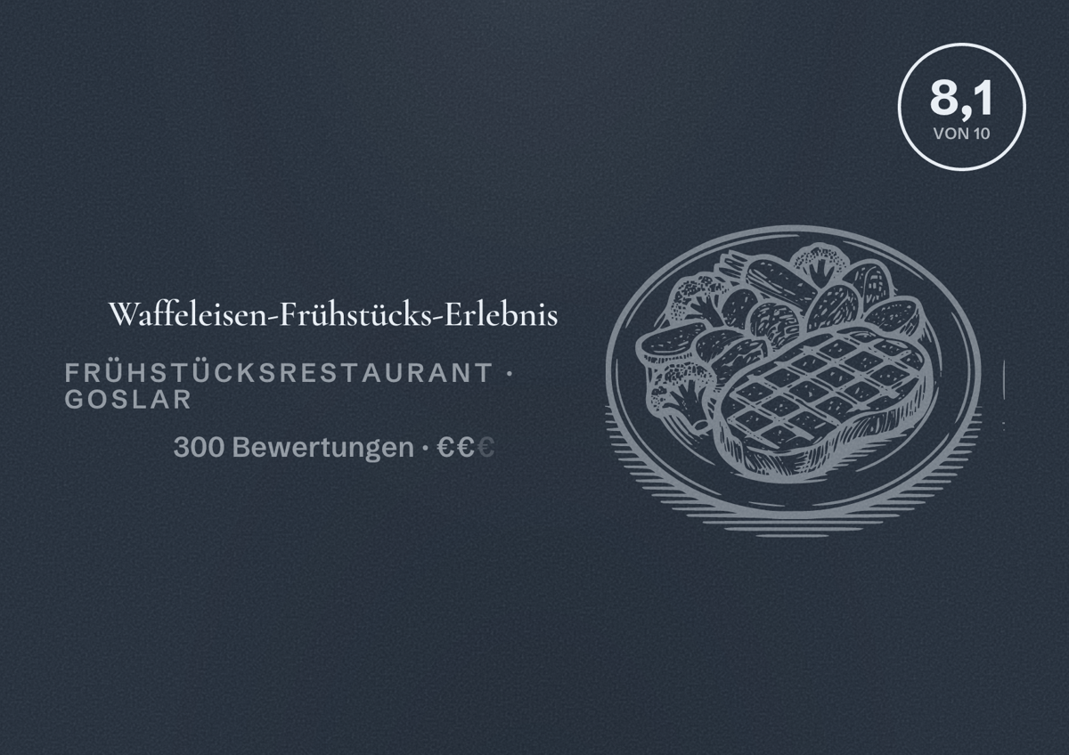 Illustriertes Poster von Waffeleisen-Frühstücks-Erlebnis, Frühstücksrestaurant in Goslar: Bewertung 8,1 von 10 aus 300 Bewertungen, Preisniveau €€