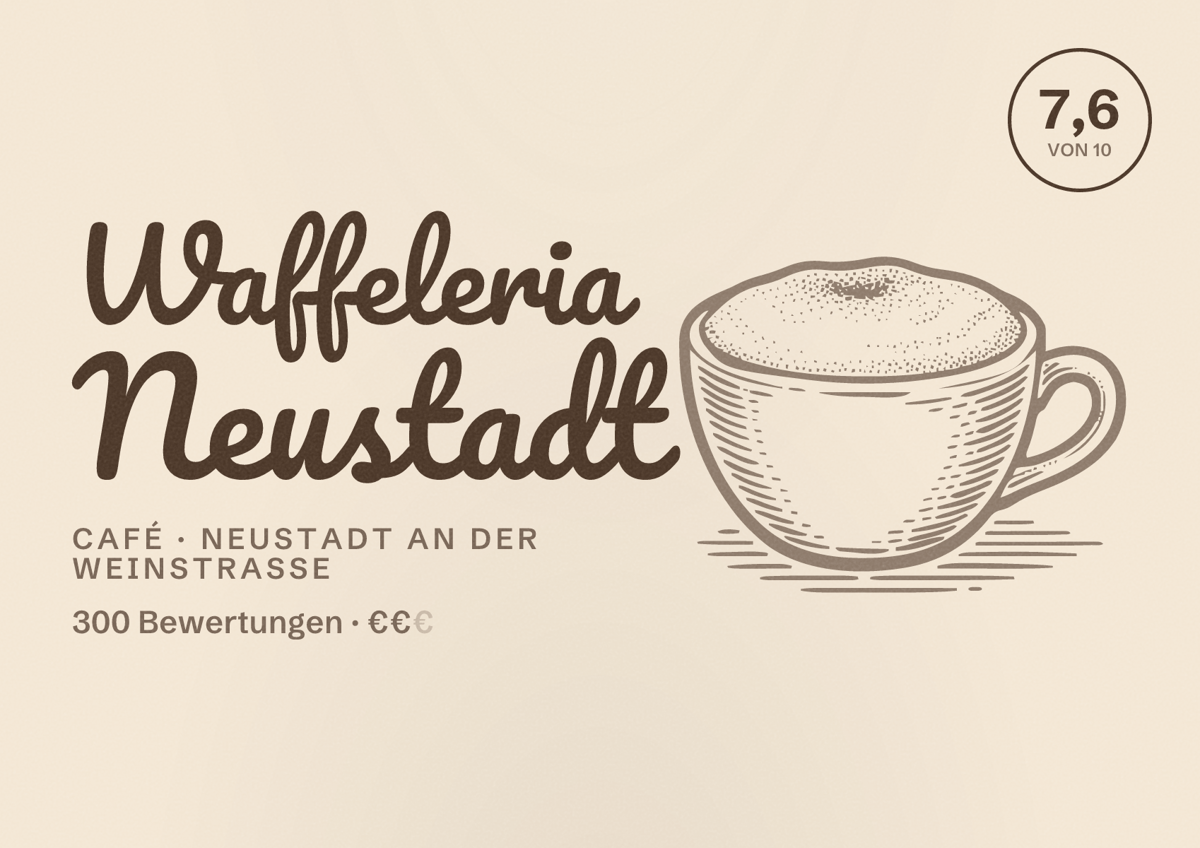 Illustriertes Poster von Waffeleria Neustadt, Café in Neustadt an der Weinstraße: Bewertung 7,6 von 10 aus 300 Bewertungen, Preisniveau €€