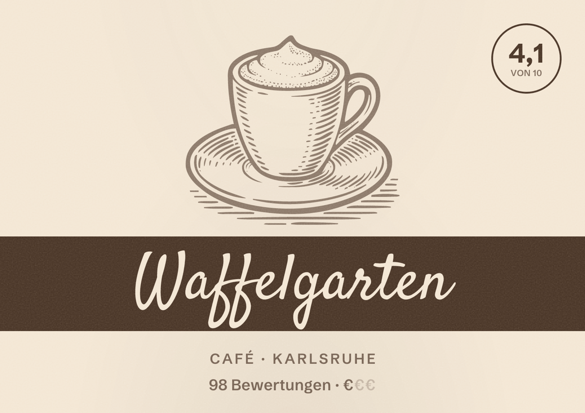 Illustriertes Poster von Waffelgarten, Café in Karlsruhe: Bewertung 4,1 von 10 aus 98 Bewertungen, Preisniveau €