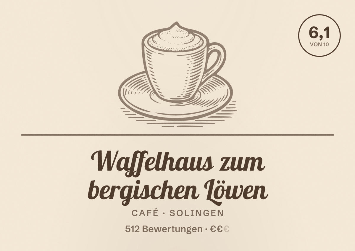 Illustriertes Poster von Waffelhaus zum bergischen Löwen, Café in Solingen: Bewertung 6,1 von 10 aus 512 Bewertungen, Preisniveau €€