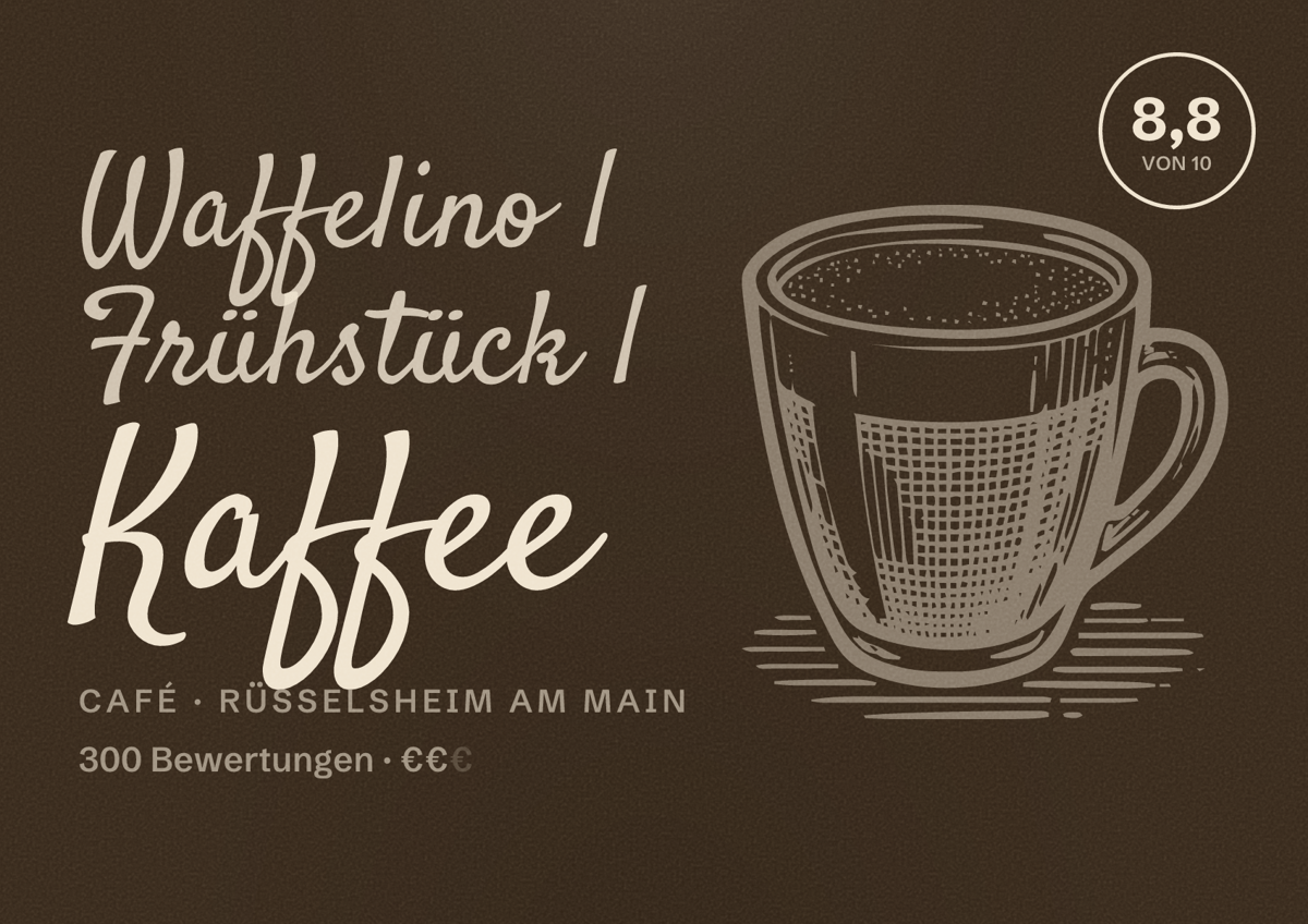 Illustriertes Poster von Waffelino | Frühstück | Kaffee, Café in Rüsselsheim am Main: Bewertung 8,8 von 10 aus 300 Bewertungen, Preisniveau €€