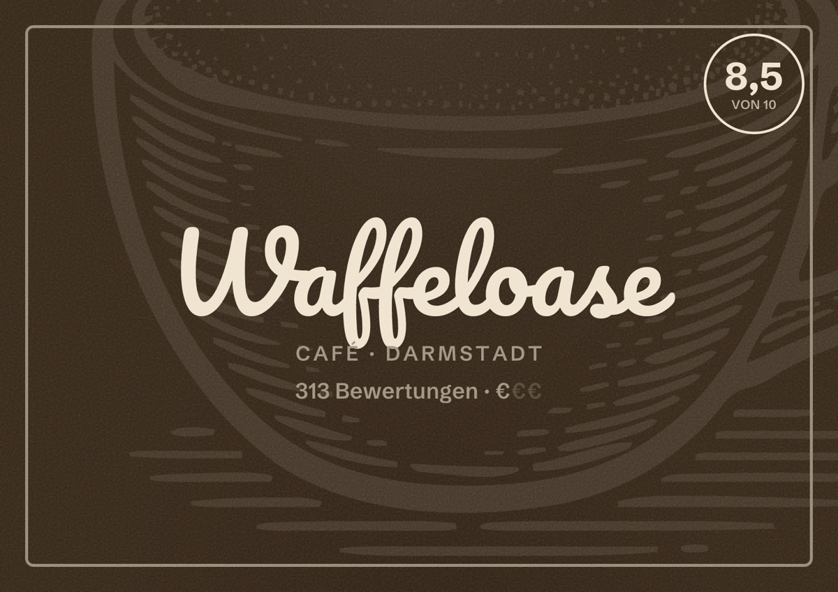 Illustriertes Poster von Waffeloase, Café in Darmstadt: Bewertung 8,5 von 10 aus 313 Bewertungen, Preisniveau €