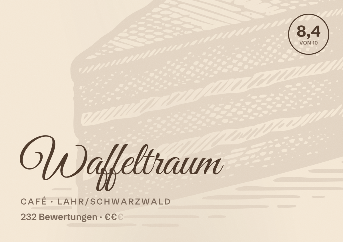 Illustriertes Poster von Waffeltraum, Café in Lahr/Schwarzwald: Bewertung 8,4 von 10 aus 232 Bewertungen, Preisniveau €€
