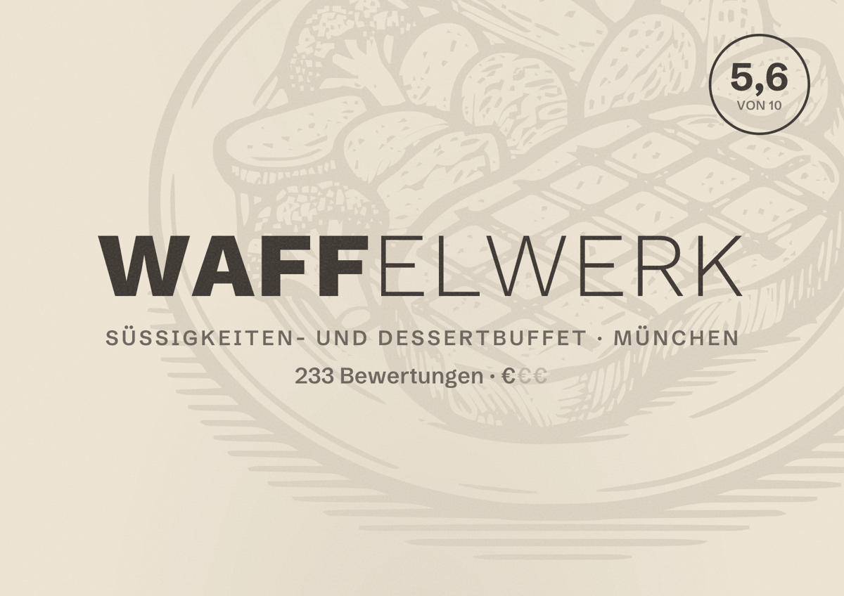 Illustriertes Poster von Waffelwerk, Süßigkeiten- und Dessertbuffet in München: Bewertung 5,6 von 10 aus 233 Bewertungen, Preisniveau €
