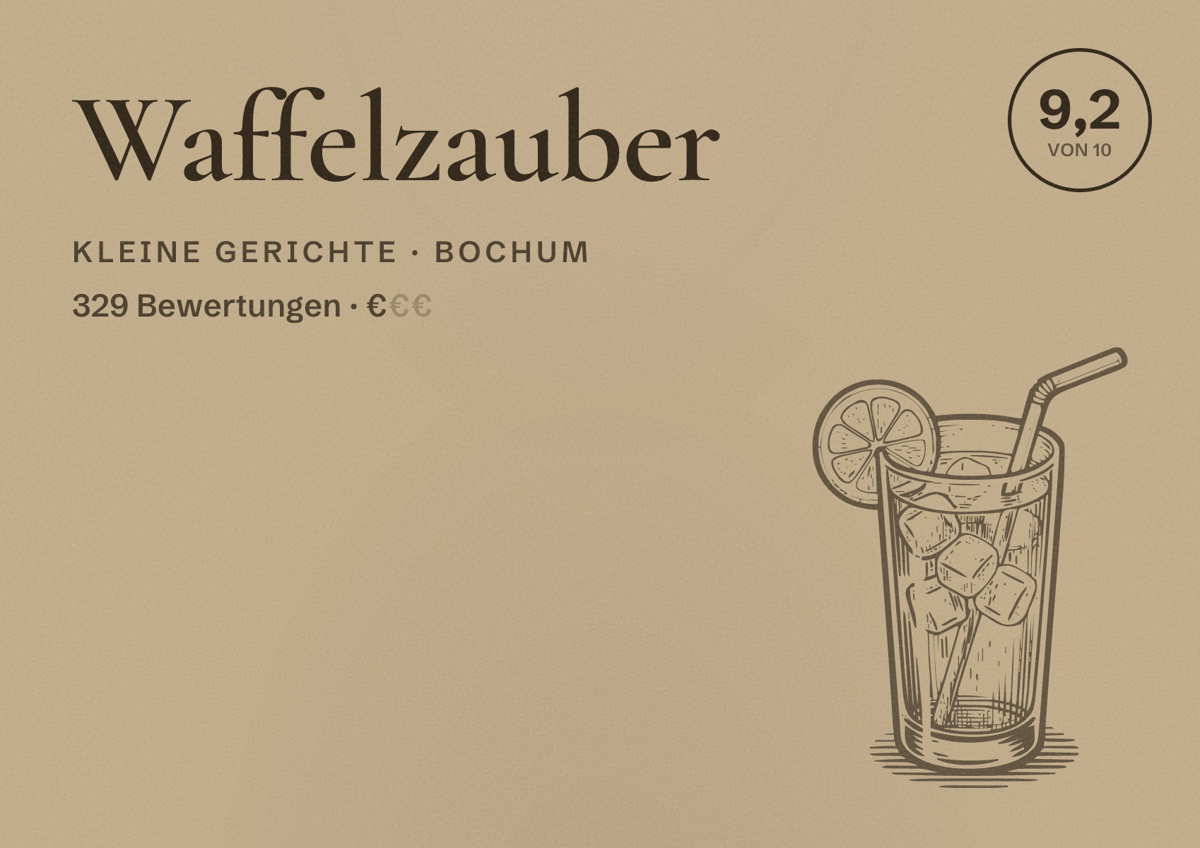 Illustriertes Poster von Waffelzauber, Kleine Gerichte in Bochum: Gästebewertung 9,2 von 10 aus 329 Bewertungen