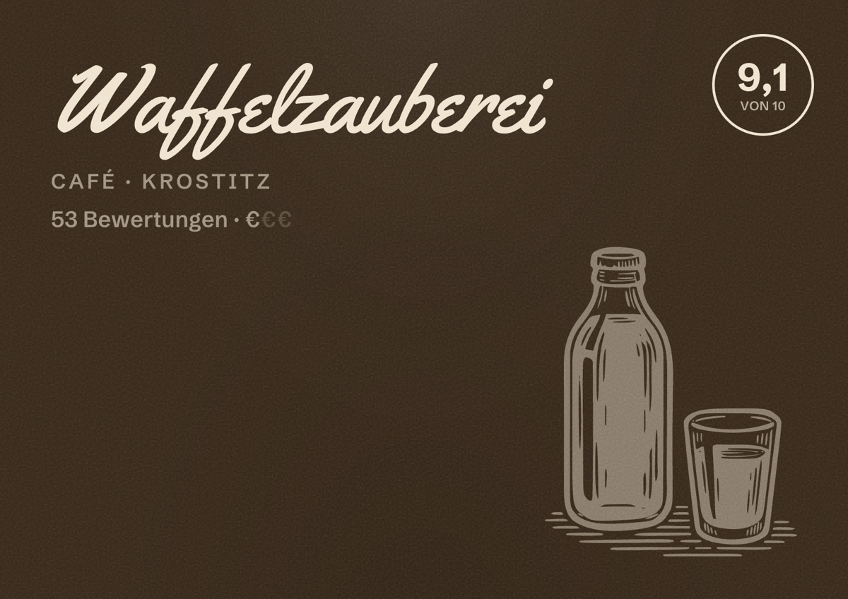 Illustriertes Poster von Waffelzauberei, Café in Krostitz: Bewertung 9,1 von 10 aus 53 Bewertungen, Preisniveau €
