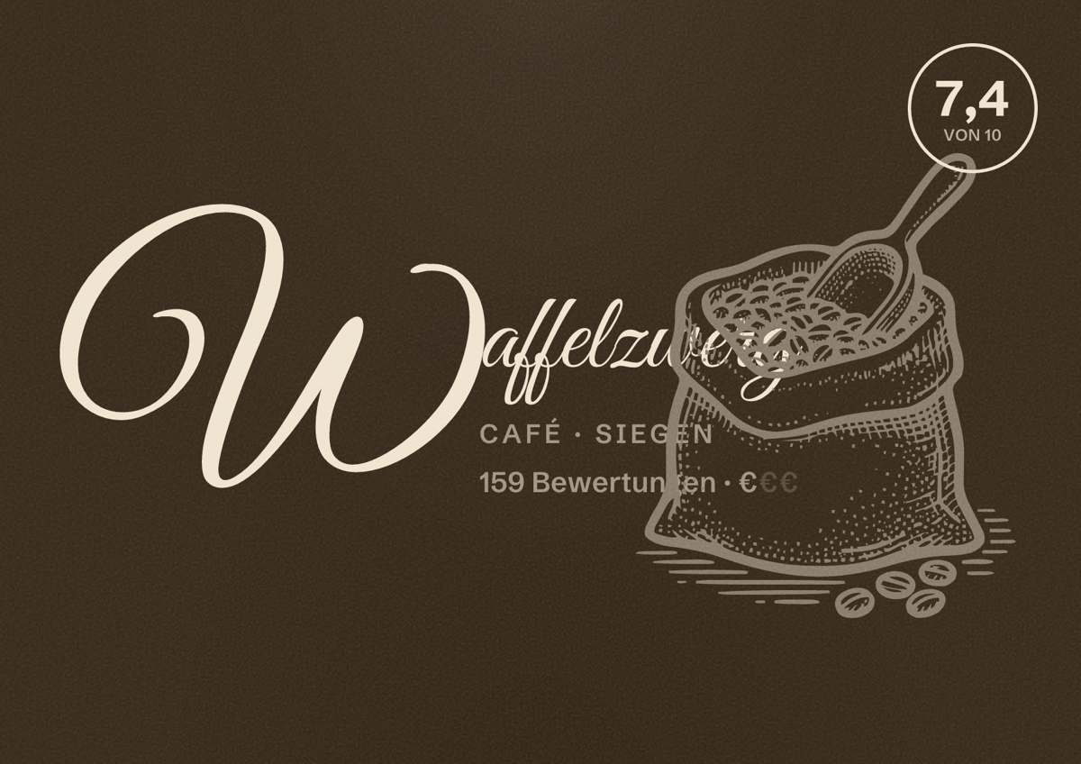 Illustriertes Poster von Waffelzwerg, Café in Siegen: Bewertung 7,4 von 10 aus 159 Bewertungen, Preisniveau €