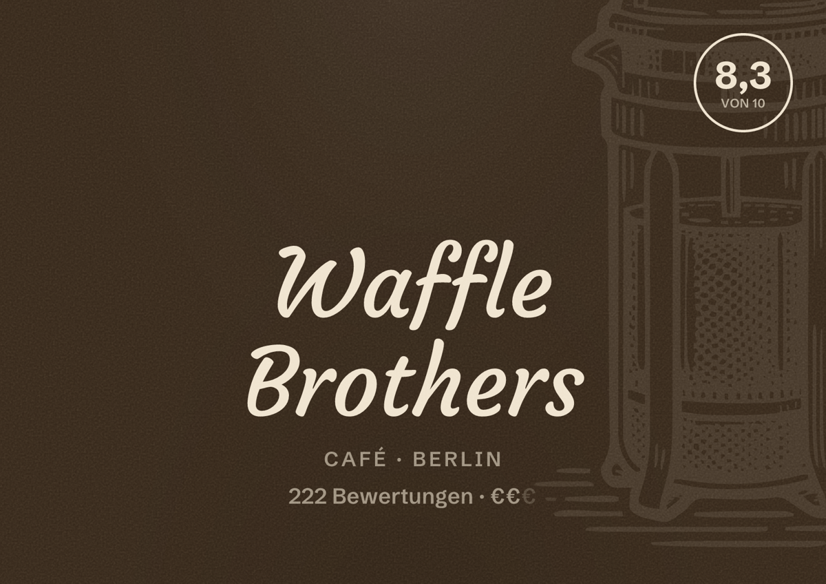 Illustriertes Poster von Waffle Brothers, Café in Berlin: Bewertung 8,3 von 10 aus 222 Bewertungen, Preisniveau €€