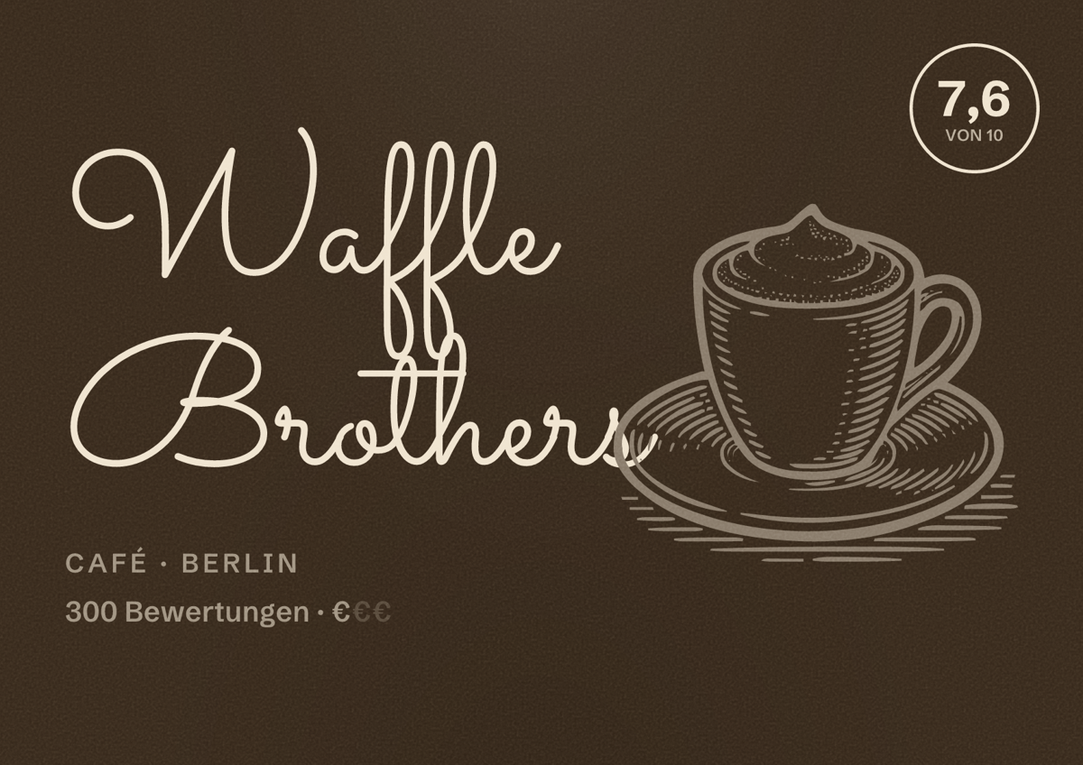 Illustriertes Poster von Waffle Brothers, Café in Berlin: Bewertung 7,6 von 10 aus 300 Bewertungen, Preisniveau €