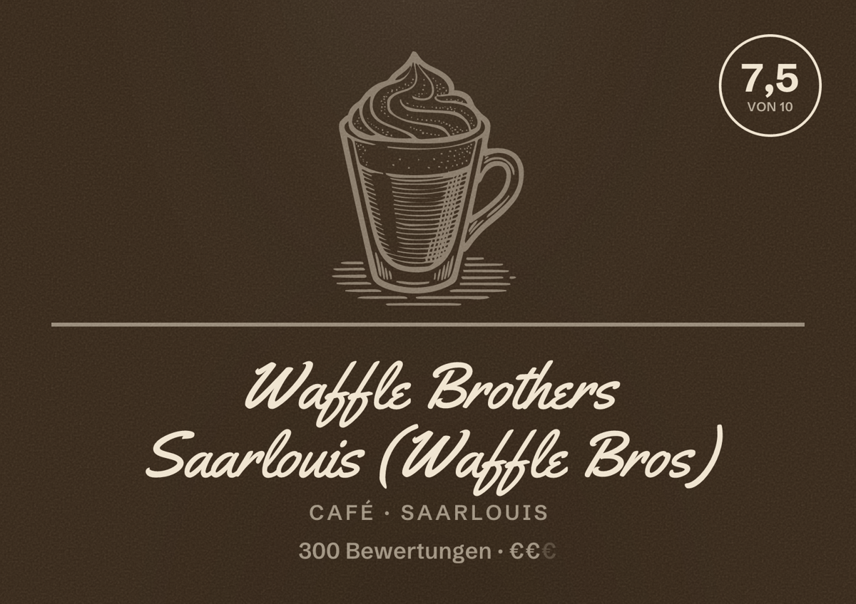 Illustriertes Poster von Waffle Brothers Saarlouis (Waffle Bros), Café in Saarlouis: Bewertung 7,5 von 10 aus 300 Bewertungen, Preisniveau €€