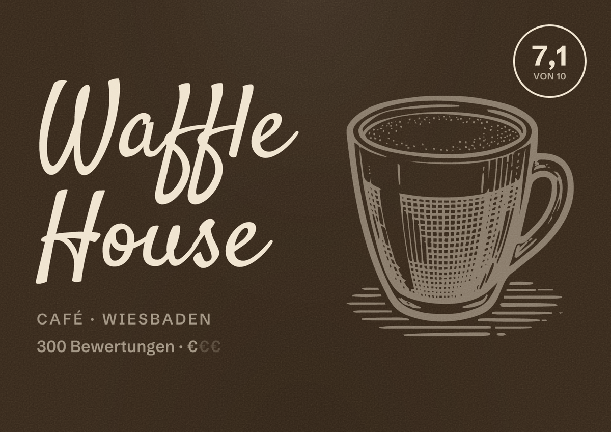 Illustriertes Poster von Waffle House, Café in Wiesbaden: Bewertung 7,1 von 10 aus 300 Bewertungen, Preisniveau €