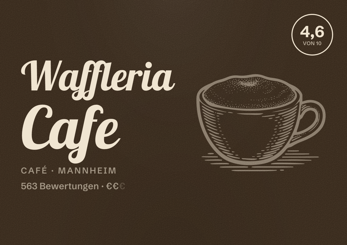 Illustriertes Poster von Waffleria Cafe, Café in Mannheim: Bewertung 4,6 von 10 aus 563 Bewertungen, Preisniveau €€