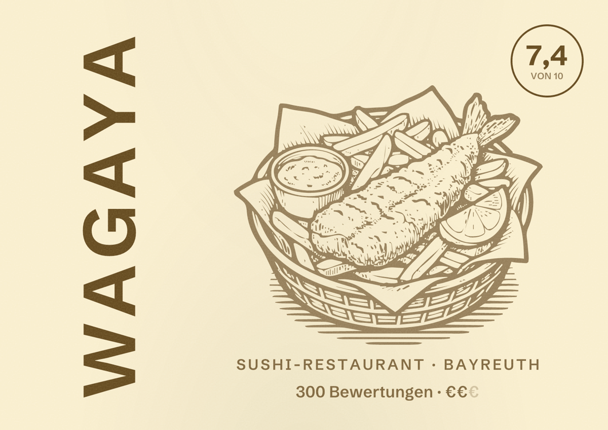 Illustriertes Poster von Wagaya, Sushi-Restaurant in Bayreuth: Bewertung 7,4 von 10 aus 300 Bewertungen, Preisniveau €€