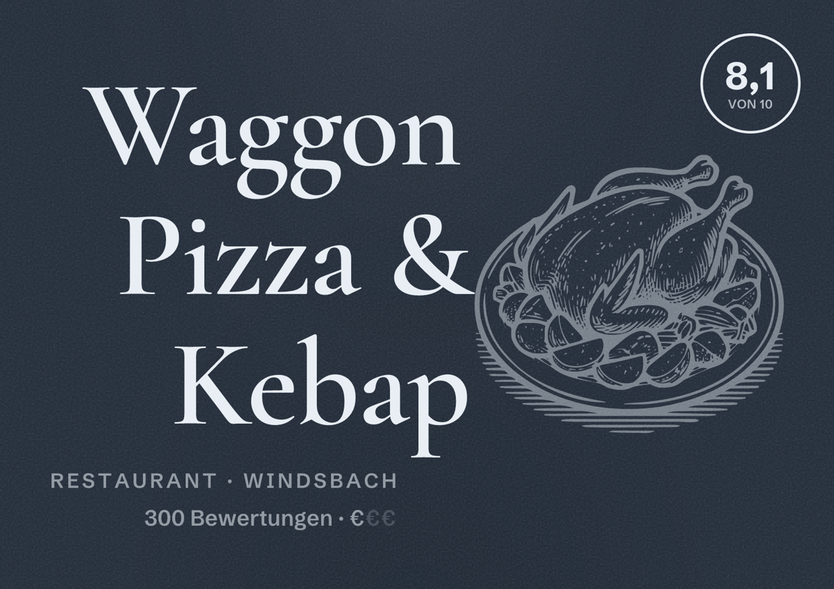 Illustriertes Poster von Waggon Pizza & Kebap, Restaurant in Windsbach: Bewertung 8,1 von 10 aus 300 Bewertungen, Preisniveau €