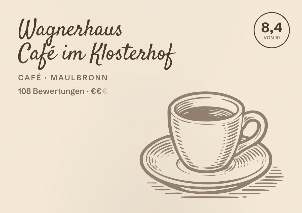 Illustriertes Poster von Wagnerhaus Café im Klosterhof, Café in Maulbronn: Bewertung 8,4 von 10 aus 108 Bewertungen, Preisniveau €€