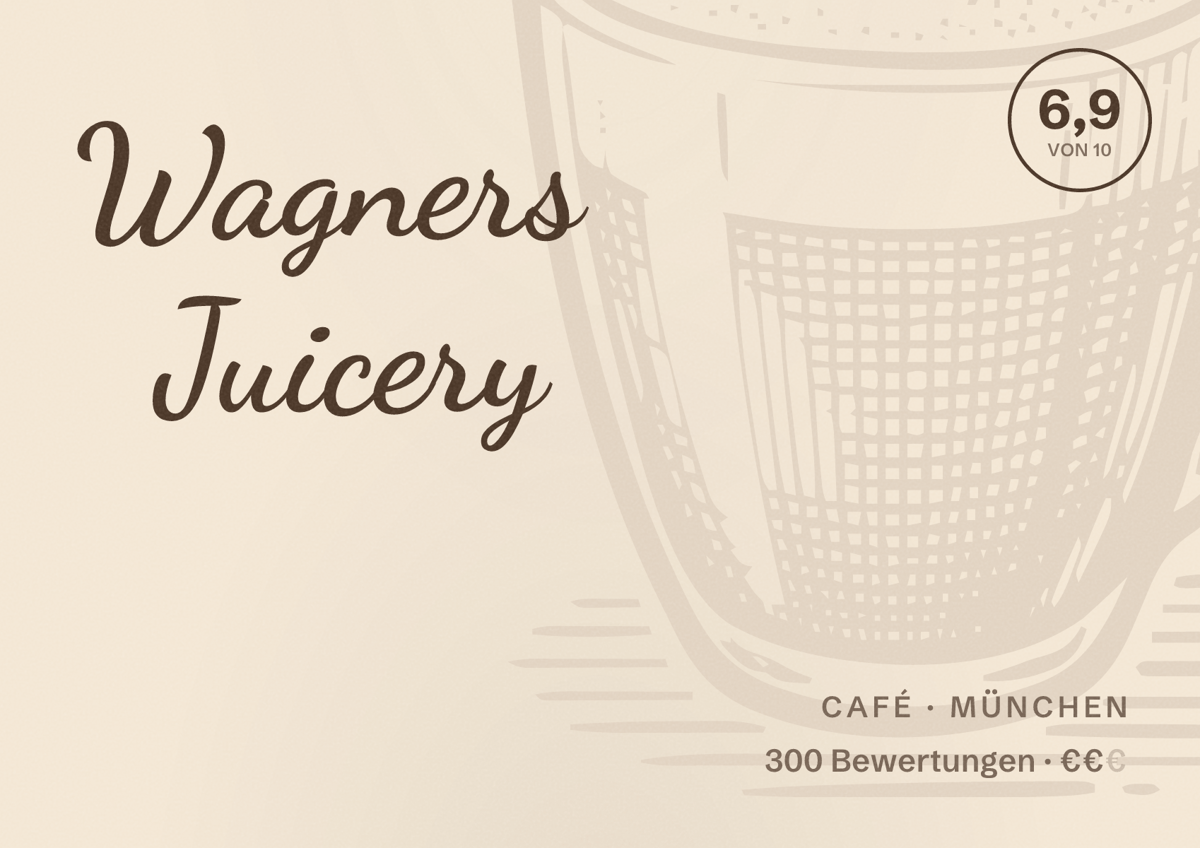 Illustriertes Poster von Wagners Juicery, Café in München: Bewertung 6,9 von 10 aus 300 Bewertungen, Preisniveau €€