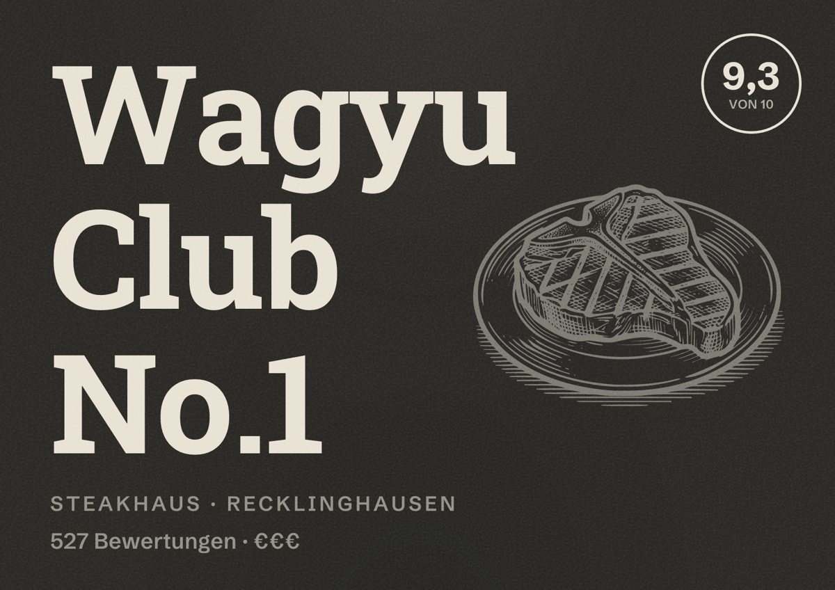Illustriertes Poster von Wagyu Club No.1, Steakhaus in Recklinghausen: Bewertung 9,3 von 10 aus 527 Bewertungen, Preisniveau €€€