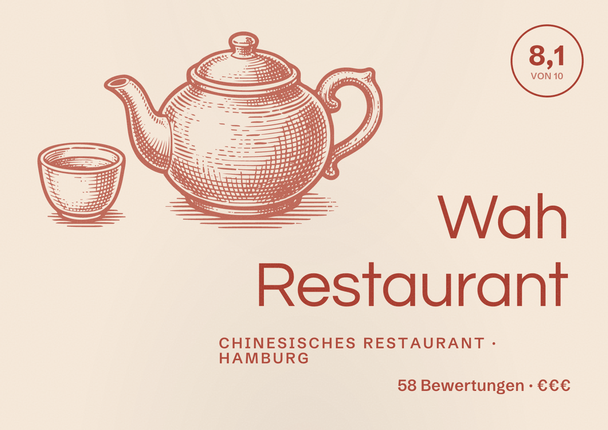 Illustriertes Poster von Wah Restaurant, Chinesisches Restaurant in Hamburg: Bewertung 8,1 von 10 aus 58 Bewertungen, Preisniveau €€€