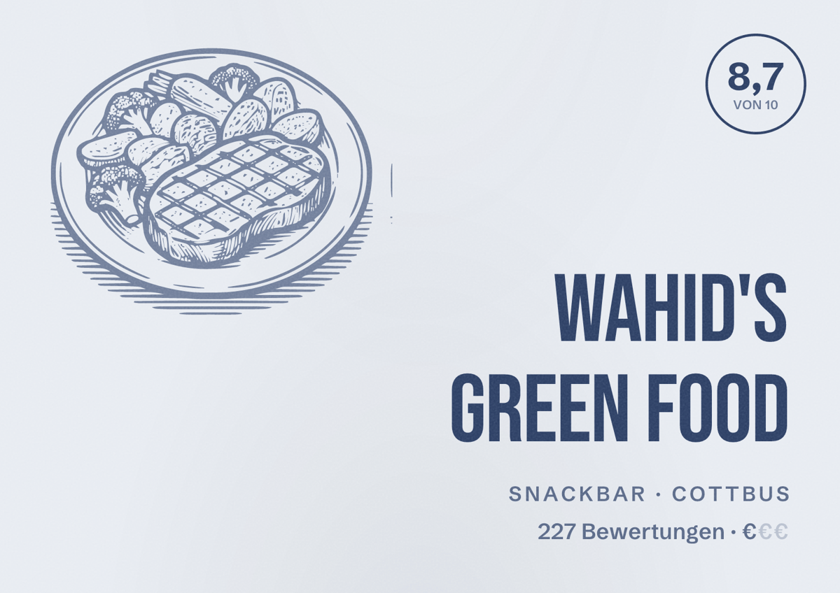 Illustriertes Poster von Wahid's Green Food, Snackbar in Cottbus: Bewertung 8,7 von 10 aus 227 Bewertungen, Preisniveau €