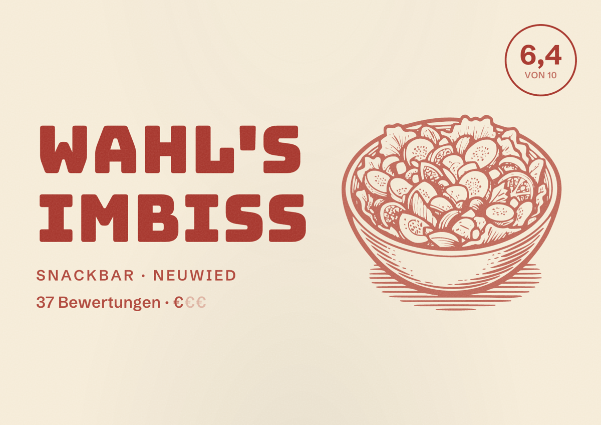 Illustriertes Poster von Wahl's imbiss, Snackbar in Neuwied: Bewertung 6,4 von 10 aus 37 Bewertungen, Preisniveau €