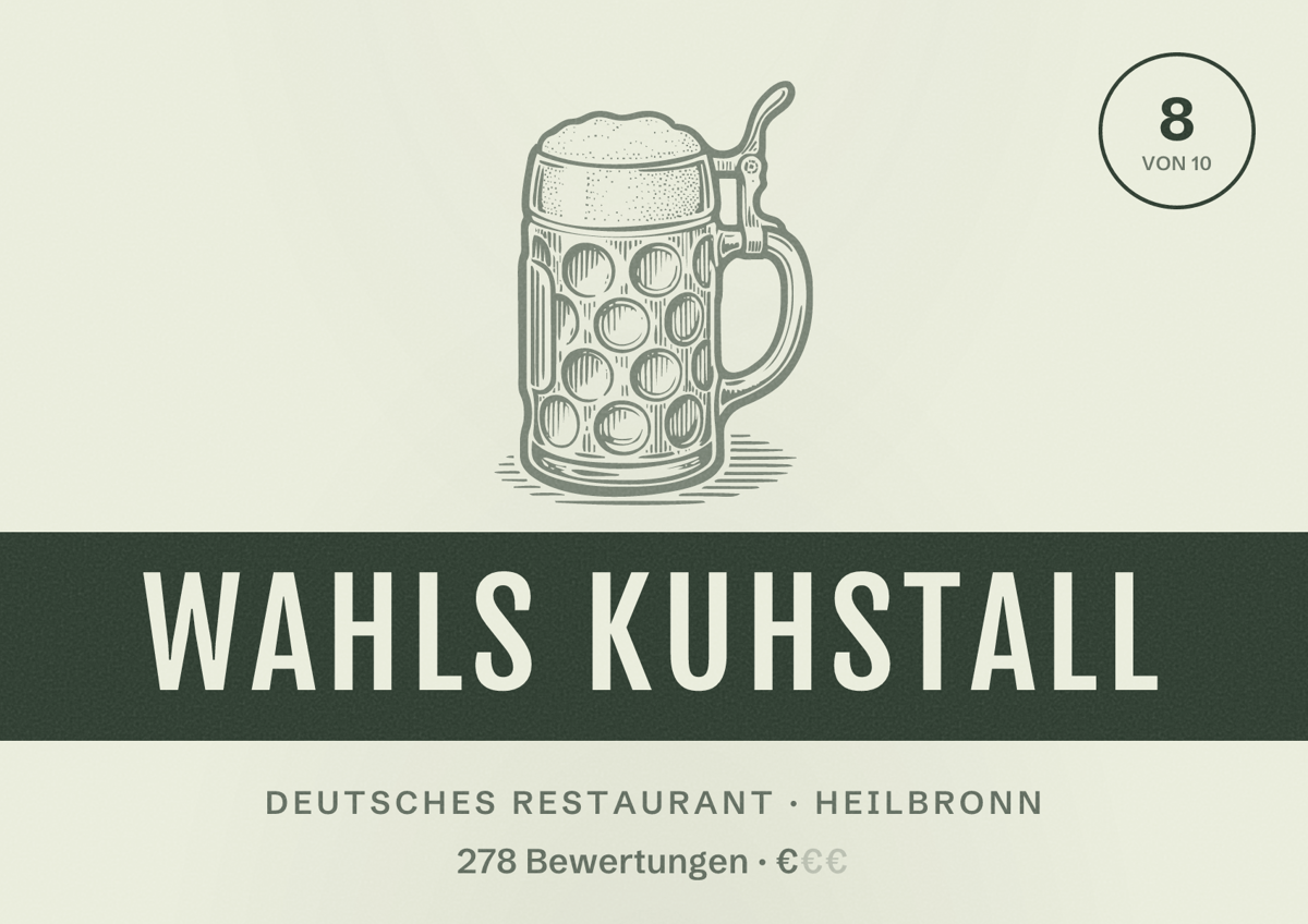 Illustriertes Poster von Wahls Kuhstall, Deutsches Restaurant in Heilbronn: Bewertung 8 von 10 aus 278 Bewertungen, Preisniveau €
