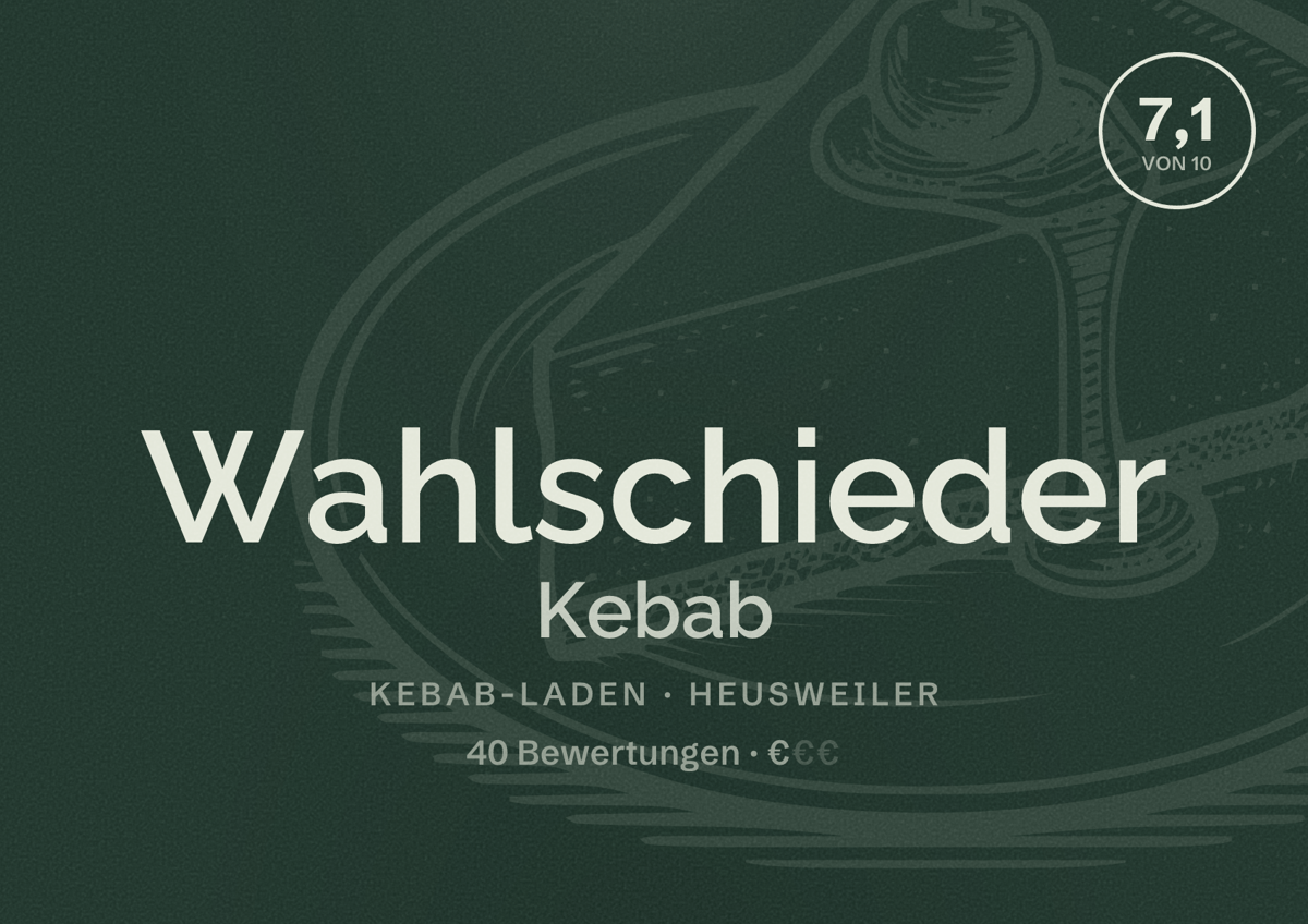Illustriertes Poster von Wahlschieder Kebab, Kebab-Laden in Heusweiler: Bewertung 7,1 von 10 aus 40 Bewertungen, Preisniveau €