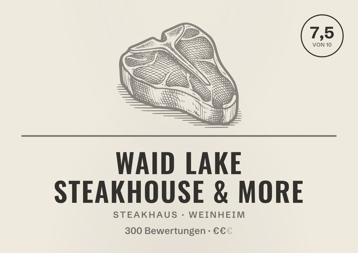 Illustriertes Poster von Waid Lake Steakhouse & More, Steakhaus in Weinheim: Bewertung 7,5 von 10 aus 300 Bewertungen, Preisniveau €€
