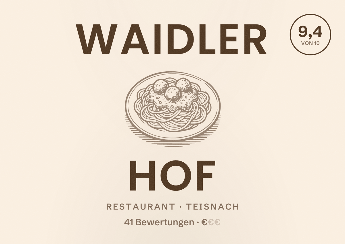 Illustriertes Poster von Waidler Hof, Restaurant in Teisnach: Bewertung 9,4 von 10 aus 41 Bewertungen, Preisniveau €