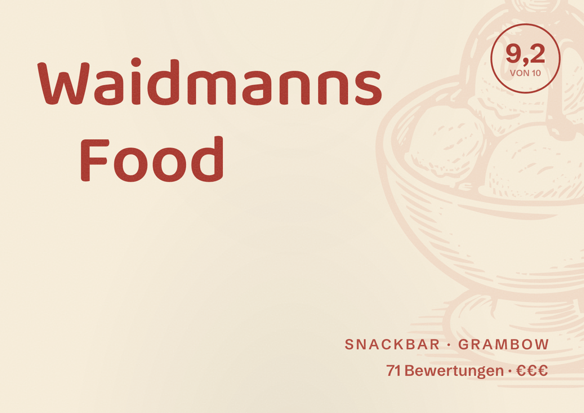 Illustriertes Poster von Waidmanns Food, Snackbar in Grambow: Bewertung 9,2 von 10 aus 71 Bewertungen, Preisniveau €€€