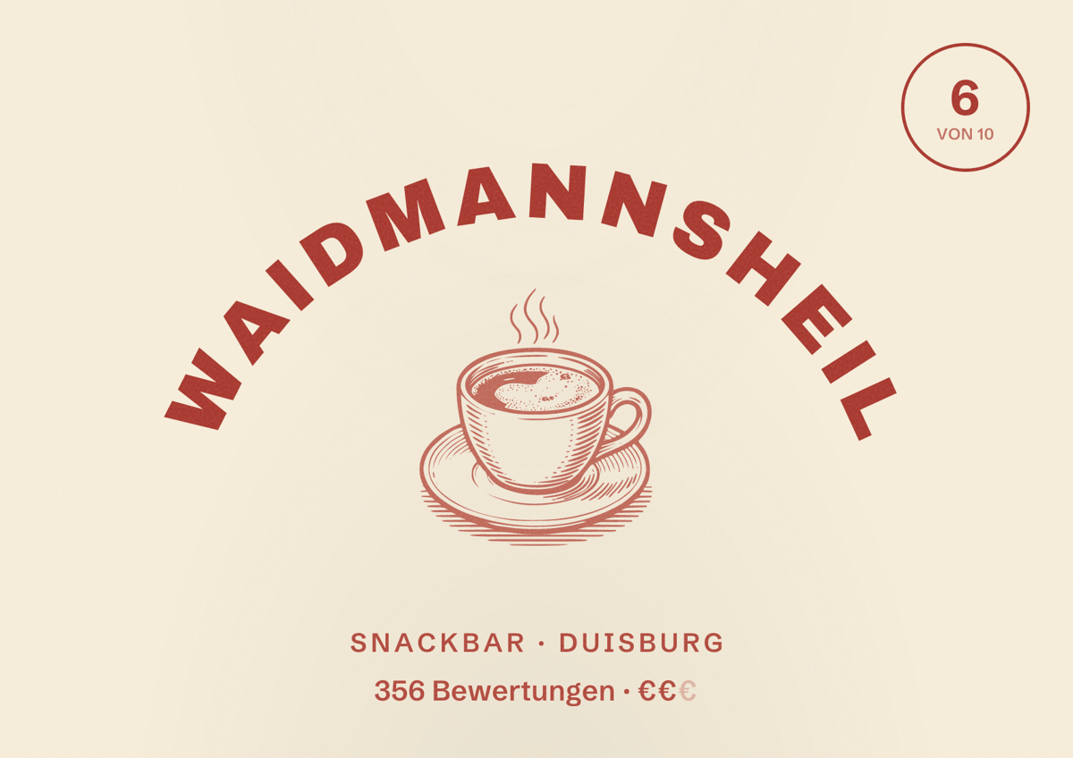 Illustriertes Poster von Waidmannsheil, Snackbar in Duisburg: Bewertung 6 von 10 aus 356 Bewertungen, Preisniveau €€