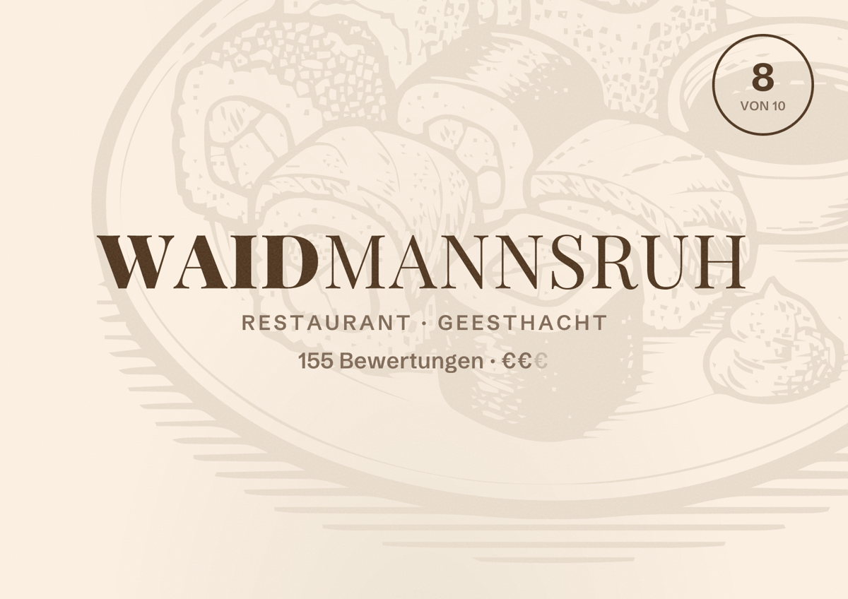 Illustriertes Poster von Waidmannsruh, Restaurant in Geesthacht: Bewertung 8 von 10 aus 155 Bewertungen, Preisniveau €€