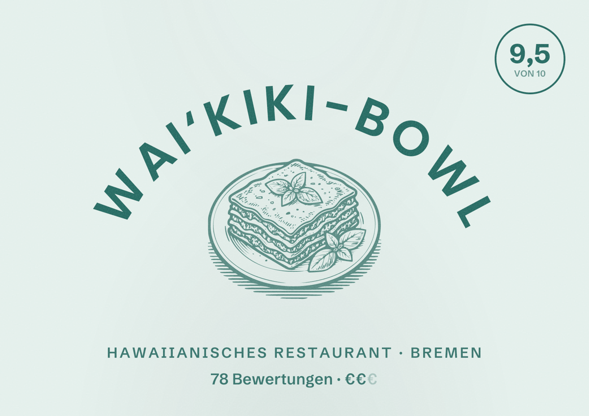 Illustriertes Poster von Wai‘kiki-Bowl, Hawaiianisches Restaurant in Bremen: Bewertung 9,5 von 10 aus 78 Bewertungen, Preisniveau €€