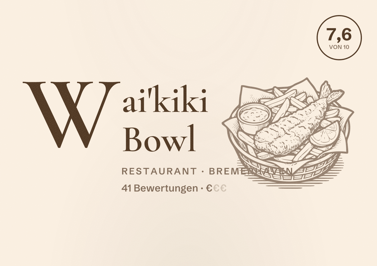 Illustriertes Poster von Wai'kiki Bowl, Restaurant in Bremerhaven: Bewertung 7,6 von 10 aus 41 Bewertungen, Preisniveau €