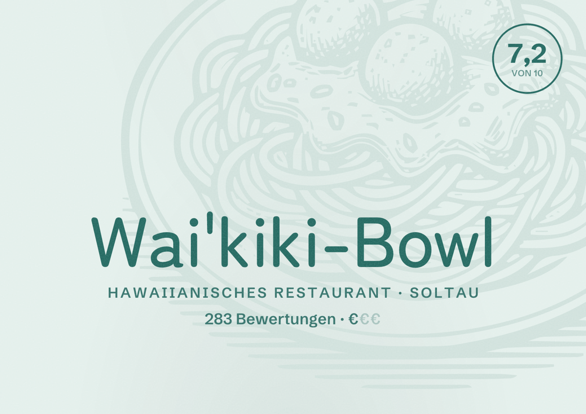 Illustriertes Poster von Wai'kiki-Bowl, Hawaiianisches Restaurant in Soltau: Bewertung 7,2 von 10 aus 283 Bewertungen, Preisniveau €